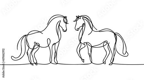 Two horses one continuous line art drawing. Vector illustration isolated. Minimalist design hand drawn