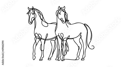 Two horses one continuous line art drawing. Vector illustration isolated. Minimalist design hand drawn