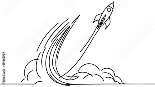 One continuous line drawing of simple retro spacecraft flying up to the outer space nebula.