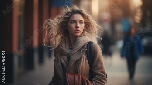 A modern woman walking in city street