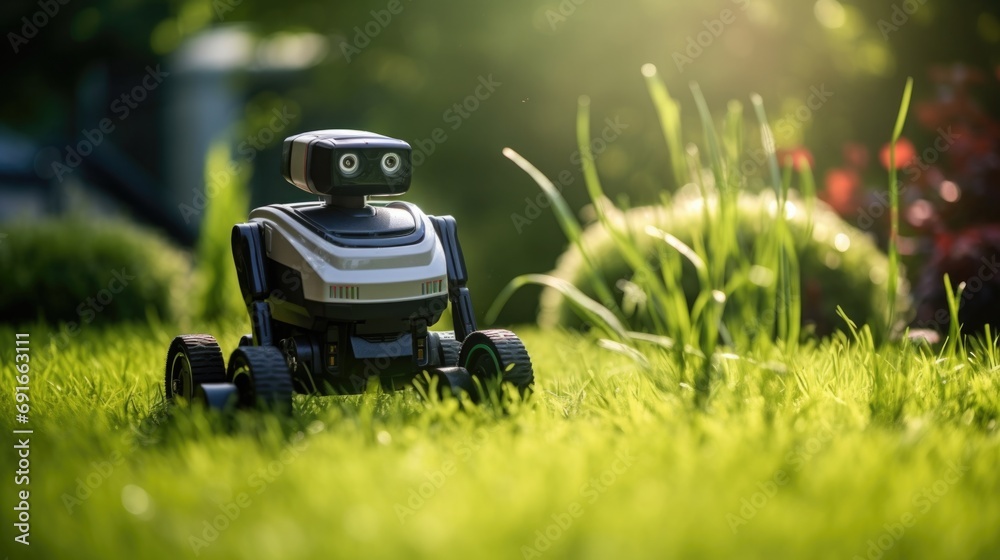 A robot lawnmower cuts grass in garden A robot lawnmower cuts grass in garden