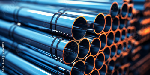 Close-up of Stacked Steel Pipes with a Reflective Surface in a Warehouse, Industrial Theme with a Focus on Construction and Manufacturing.