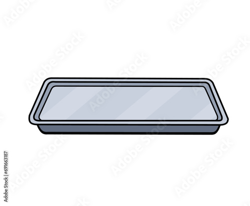 Metal tray. Medical or restaurant element. Flat aluminum platter. Cartoon illustration isolated on white background