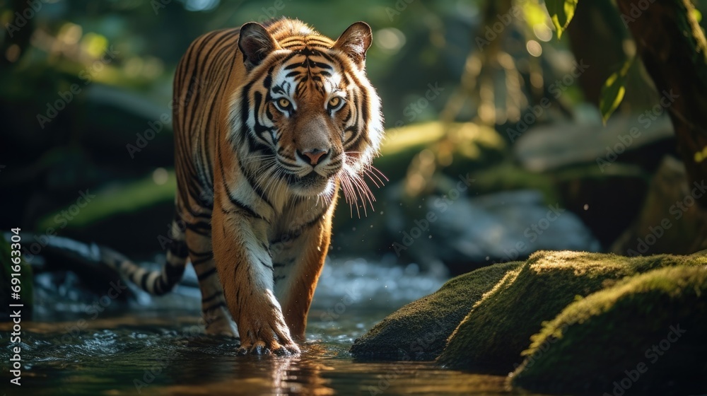 A tiger standing in a forest by a stream