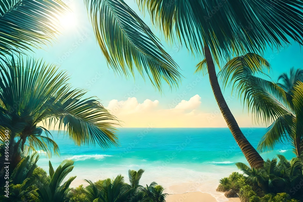 palm trees on the beach - obrazy, fototapety, plakaty 