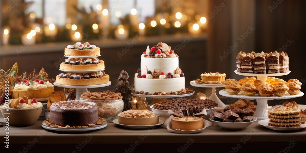 A festive dessert table with a variety of cakes, pies, and cookies for a celebration - Sweet and joyful - Soft, diffused lighting for a warm and inviting dessert spread - Wide-angle shot,