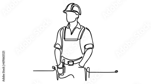 Single continuous line drawing of young attractive foreman controlling building development progress