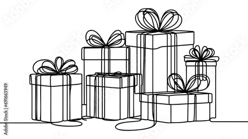 Presents. Continuous line, one line art vector illustration on white background