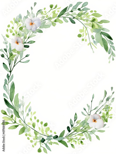 green watercolour floral circular frame with leaves and flowers isolated on white background