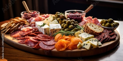 A platter of antipasto featuring cured meats  olives  artichoke hearts  and cheese - 