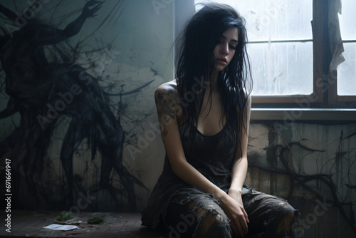Depressed girl with disheveled black hair