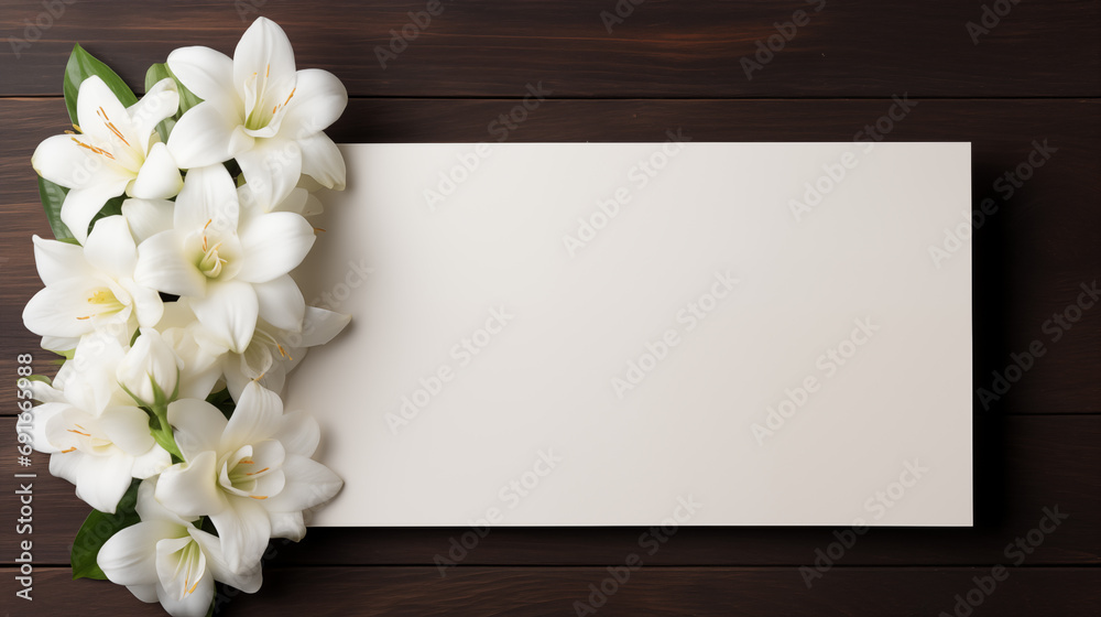 Blank card and white lilies on dark wooden background. Blank card and white lilies on dark wooden background.
