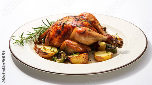 A roasted chicken dish on a restaurant table, pure white background photography