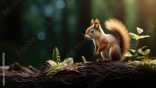 a large-sized red squirrel on a tree, capturing the essence of nature in a minimalist modern style, the charm and simplicity of the squirrel against the backdrop of the tree. © lililia