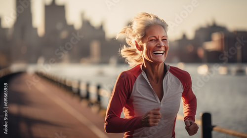 Senior woman jogging in urban setting at sunrise. #691665959