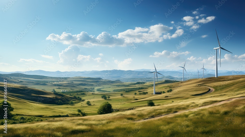 wind turbines on a green hill, sunny day, clean energy