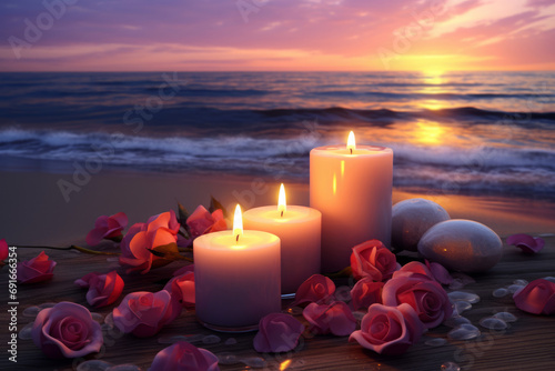 Romance by the sea side. Candles  flowers and sunset. Generative AI