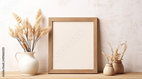 Mockup of empty photo frame on wall in landscape orientation for interior design