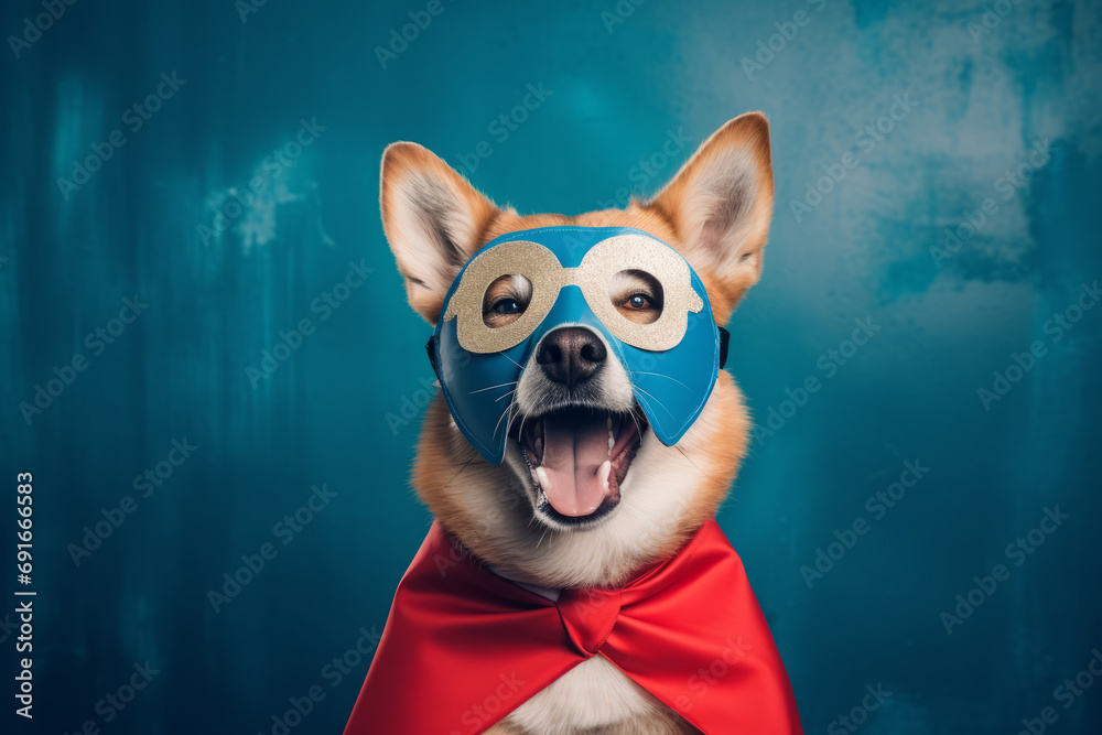 Dog wearing red superhero cape and mask. Generative AI