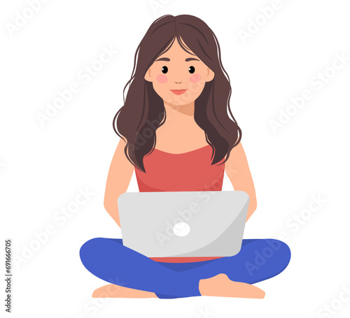 Young girl with sitting on the floor and working with laptop. Vector illustration.