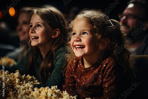 Happy family in the movie. A joyful family is bonding in cinema  enjoying the movie with their child  eating popcorn and having fun.