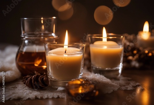 Two isolated candles burning soy way candle in an amber glass jar and a cream colored tea light decor