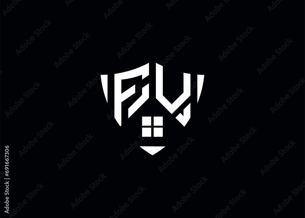Real estate letter FV shield shape logo and house building vector template Real estate letter FV shield shape logo and house building vector template