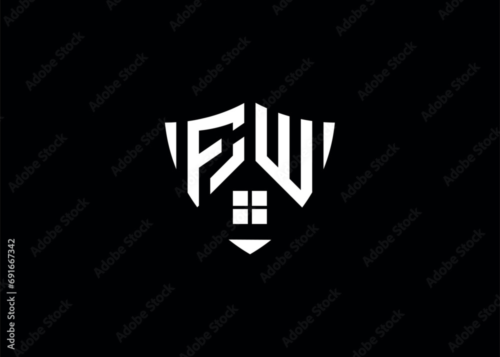Real estate letter FW shield shape logo and house building vector template Real estate letter FW shield shape logo and house building vector template