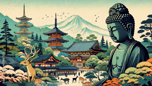 Serenity and Splendor: A Ukiyo-e Depiction of Ancient Nara with the Great Buddha and Sacred Deer