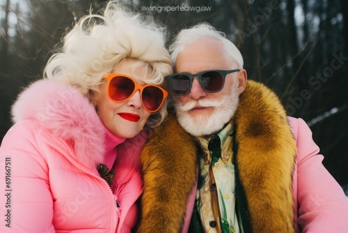 Elderly fashionable couple with white hair wearing fur coats and sunglasses posing together with serious expressions photo