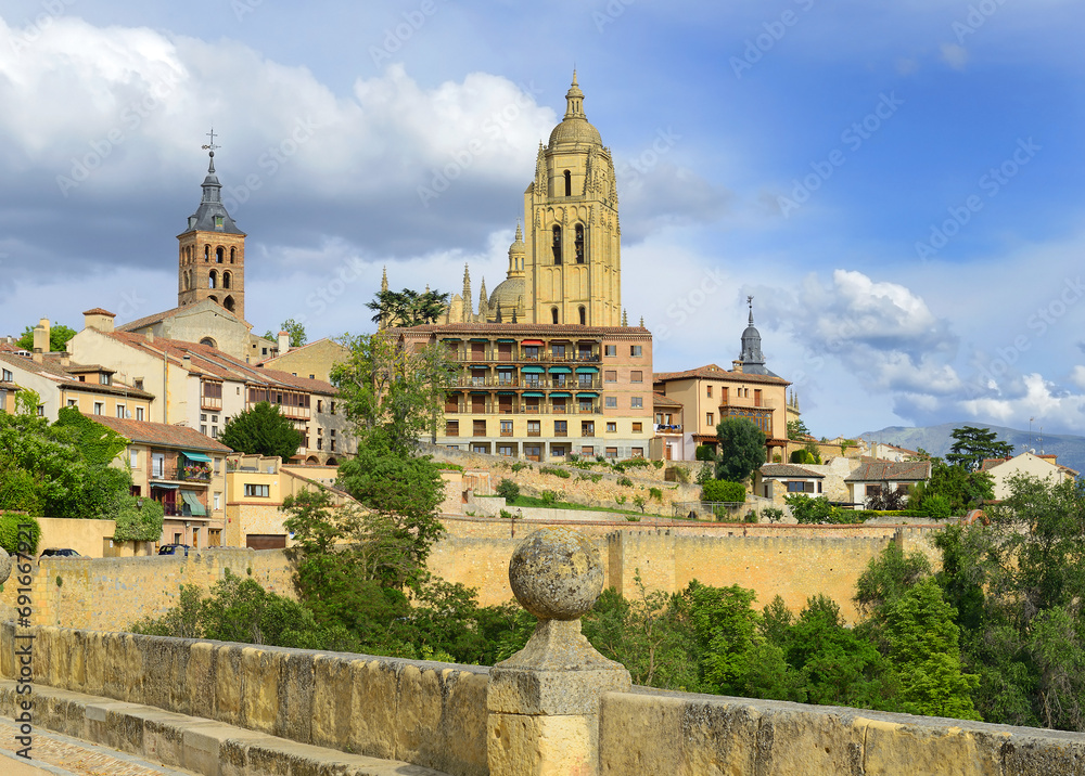 Segovia, Spain. The historic city of Segovia skyline with Catedral de Santa Maria de Segovia, Castilla y Leon. World Heritage Site by UNESCO