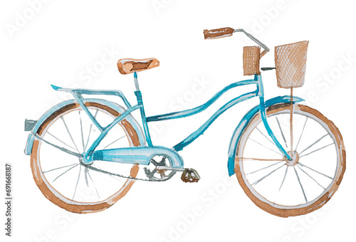 Fototapeta Naklejka Na Ścianę i Meble -  Beautiful vintage watercolor bicycle isolated on white background. Hand drawn retro bike design. Travel concept.