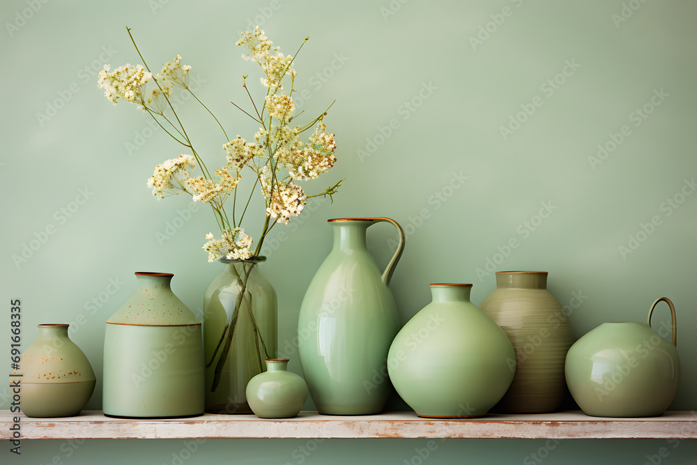 different jugs in a row and a spring flowering branch, the composition is in pastel green, beige, brown tones. different jugs in a row and a spring flowering branch, the composition is in pastel green, beige, brown tones.
