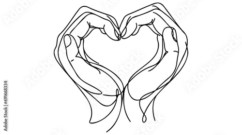 Single one line drawing hands making sign or symbol heart by fingers. Beautiful hands with copy space.
