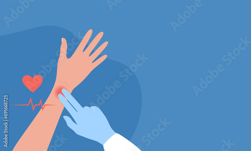 A doctor measuring a patient's pulse, copy space. Flat vector illustration