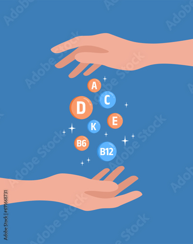 Two hands and vitamins on a blue background. One person giving another vitamins. Vector illustration in flat style