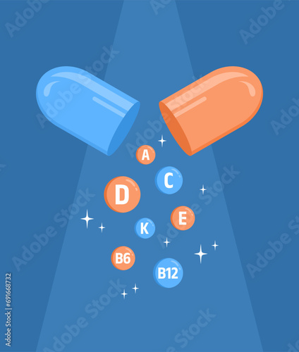 Open capsule with vitamins on a blue background, flat vector illustration