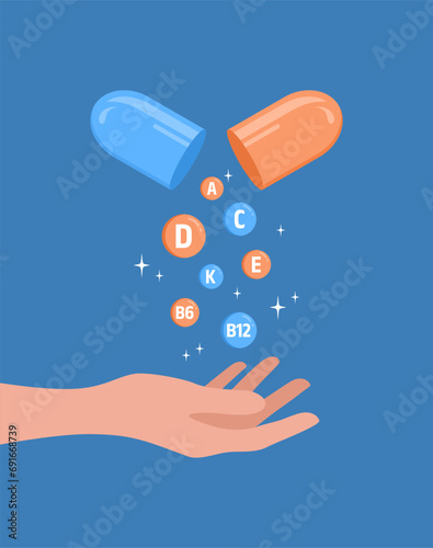 Open capsule and vitamins levitating above hand on blue background. Flat vector illustration