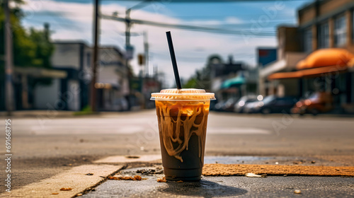 Iced Coffee in Takeaway Cup on Urban Street with Bokeh Background