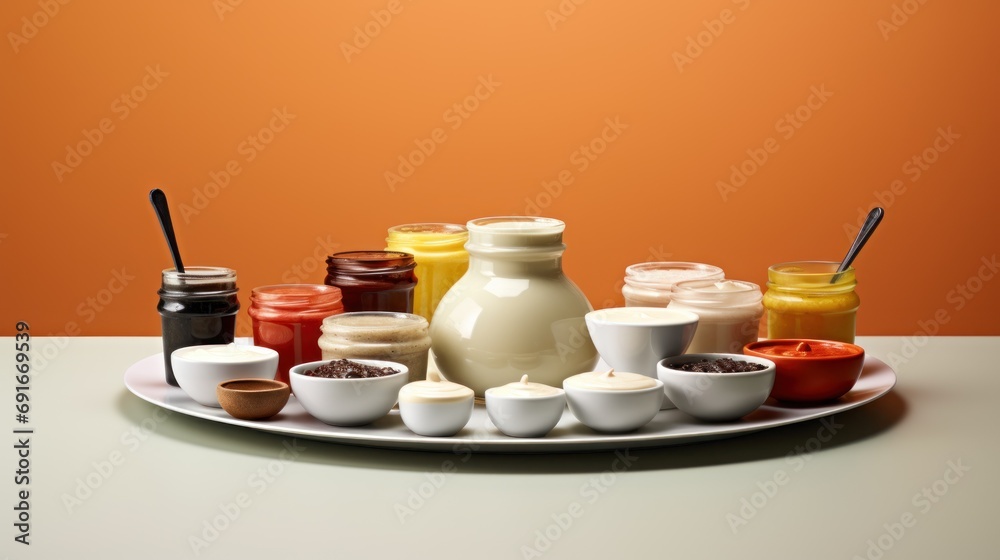  a plate with a variety of condiments and condiments on it, with a bottle of juice in the middle of the plate, and a bottle of condiments on the side.