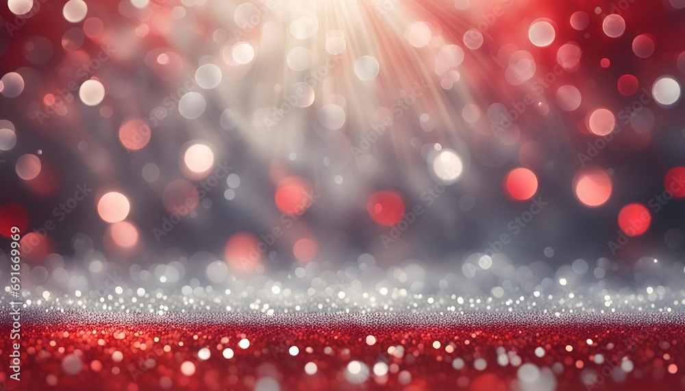 Bokeh background with red and silver light. Glitter and diamond dust, subtle tonal variations. AI generated, Abstract maroon red Christmas holiday winter background of falling red sparkle bokeh, ai - obrazy, fototapety, plakaty 