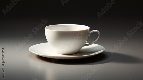  a white coffee cup and saucer sitting on a saucer on a gray surface with a shadow of the cup and saucer on the side of the plate.