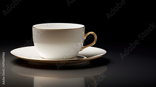  a white and gold coffee cup and saucer on a black surface with a reflection of the coffee cup and saucer on the side of the cup and saucer.