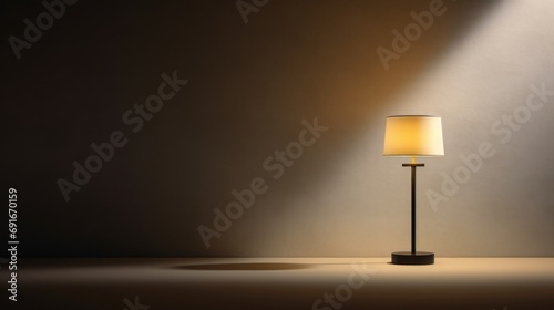  a lamp sitting on top of a table next to a light on top of a wooden stand with a lamp on top of it and a white wall behind it. photo