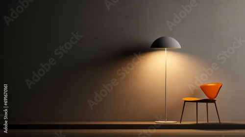  a room with a chair and a lamp on the side of the wall and a floor lamp on the other side of the room with a chair on the floor. photo