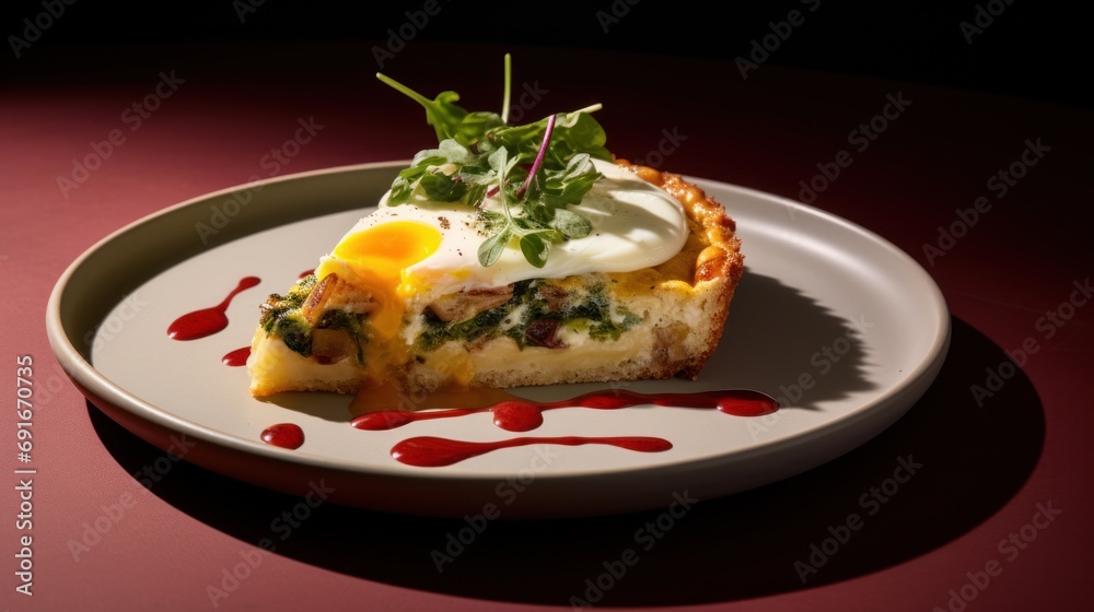 a white plate topped with a slice of quiche covered in an egg and garnished with green leafy garnish on a red surface with red sauce. a white plate topped with a slice of quiche covered in an egg and garnished with green leafy garnish on a red surface with red sauce.