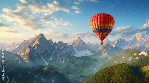  a red and yellow hot air balloon flying over a lush green hillside covered in snow covered mountains under a blue sky with clouds and a few white fluffy white clouds.