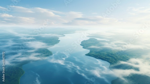  an aerial view of a body of water surrounded by lush green land and a blue sky with white clouds and a bird's eye view of a body of water.