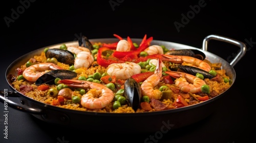  a close up of a pan of food with shrimp, mussels, peas, tomatoes, and broccoli on a black table with a black background.