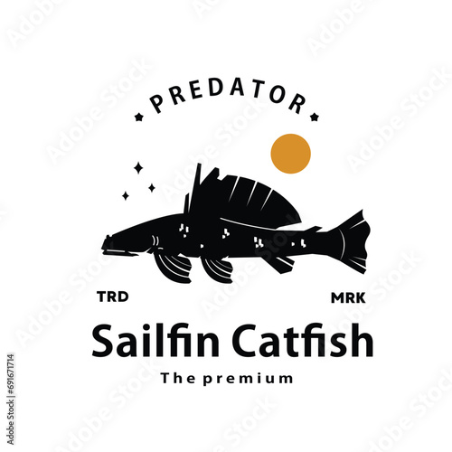 vintage retro hipster sailfin catfish logo vector outline silhouette art icon